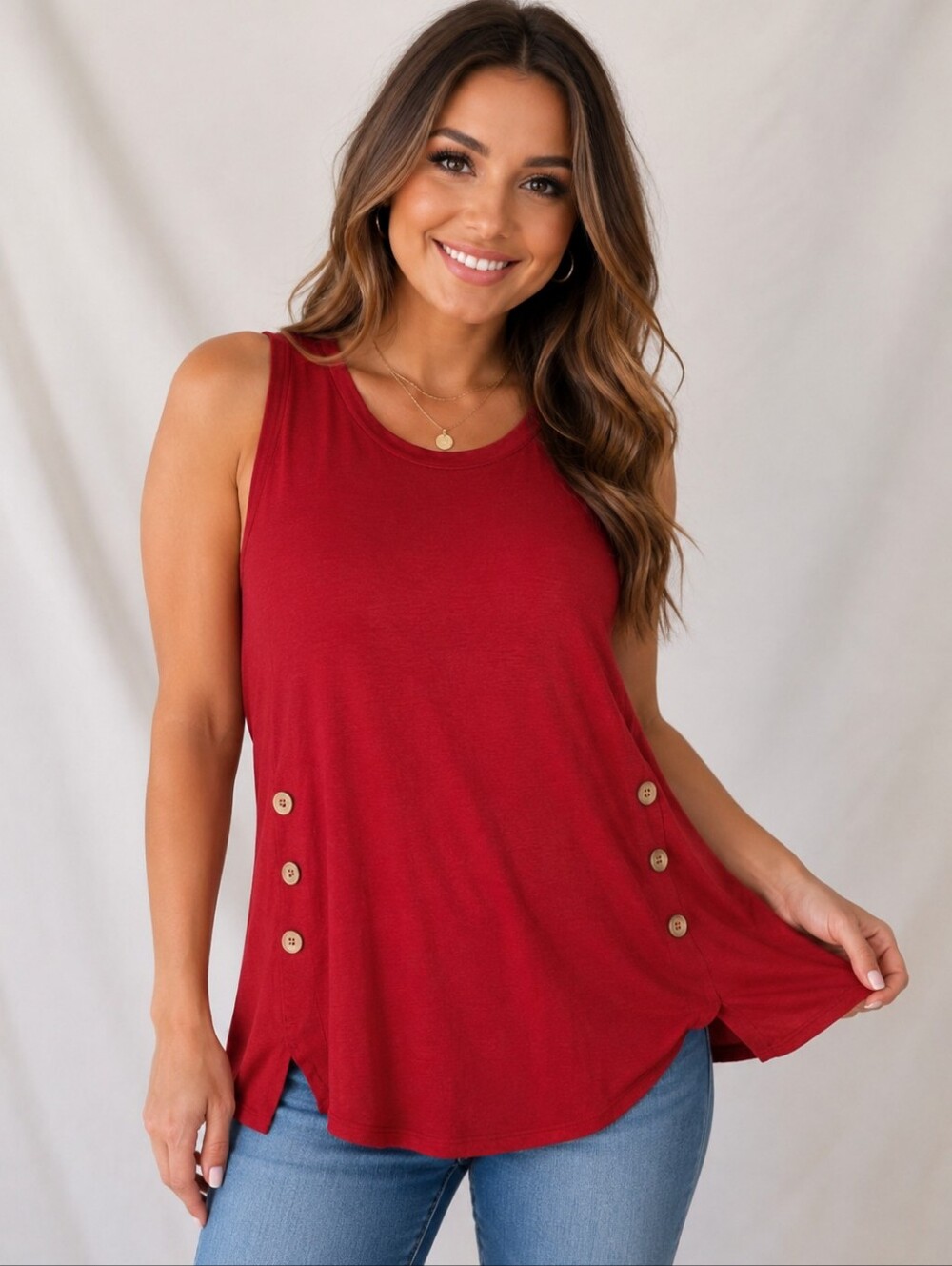 Sleeveless Red Tank Top with Side Button Detail